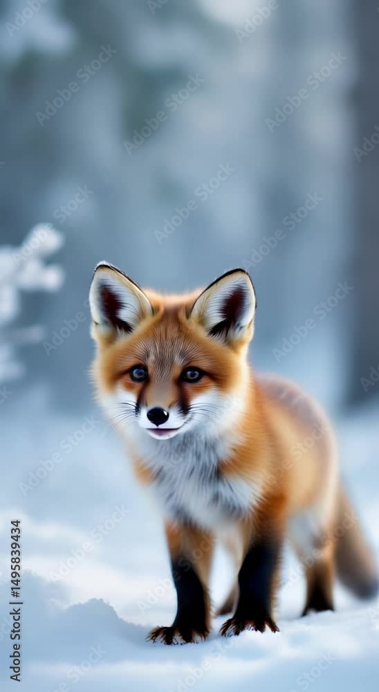 Poster the image shows a red fox standing in the snow with a blurred background. the fox has a reddish-brow