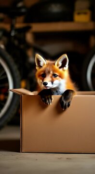 The image shows a cute red fox peeking out of a cardboard box