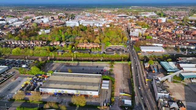 Aerial video of Warrington Townscape in England UK 