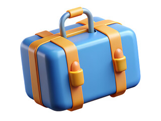 Blue suitcase with orange straps and handle isolated on transparent background, a 3D rendered cartoon style travel bag for vacation and journey