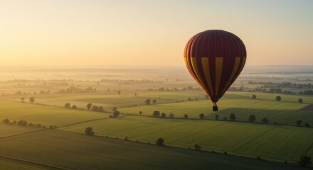 Obraz premium Hot Air Balloon Ride at Dawn: Aerial View of Green Fields - Photo