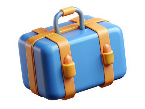 Blue suitcase with orange straps and handle isolated on transparent background, a 3D rendered cartoon style travel bag for vacation and journey