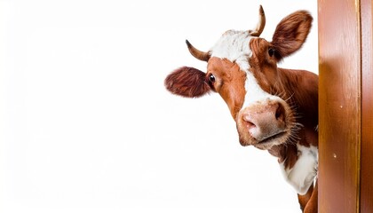 funny real cow peeks out from around the corner isolated on white background