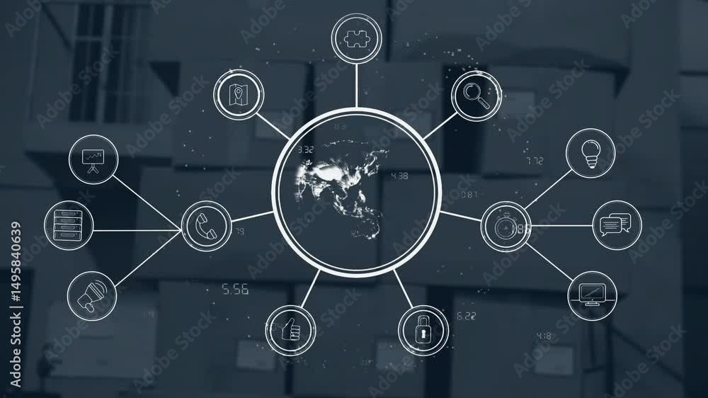 Aufkleber glowing dot forming circle in warehouse, spinning globe and emitting icons retracting for data loop