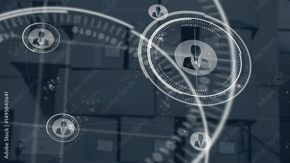Poster data drifting initiating hud rings around central user icon above warehouse visualizing network
