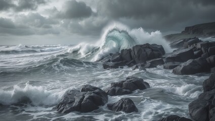 A Wave Colliding with Water Streaming Over Rocks in a Dramatic Coastal Scene