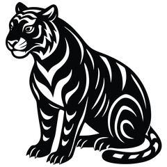 Majestic Sitting Tiger Black and White Tribal Style Illustration