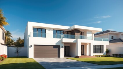Luxury modern house exterior design with white walls and blue sky real estate architecture photography
