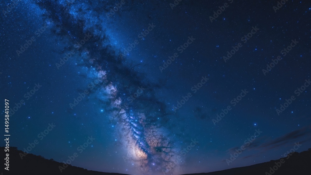 Wall mural dark background showcasing a panoramic view of the blue night sky with the milky way and stars