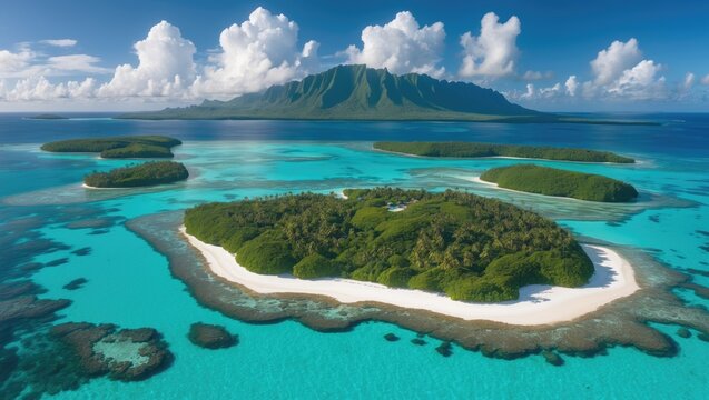 Bird's-eye perspective of Bora Bora islands located to the northwest of Papeete in the Leeward Islands.