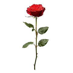Naklejka premium Beautiful Red Rose with Green Leaves, Symbolizing Love and Passion, Isolated on a White Background