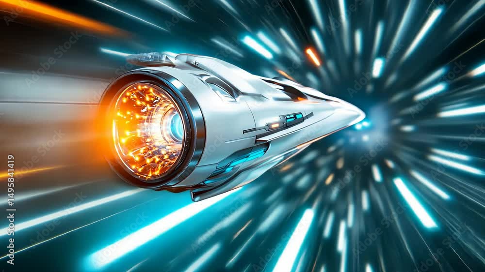 Poster futuristic spaceship traveling through hyperspace with blazing engine light.