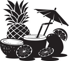 Tropical Fruit Drink Silhouette with Umbrella and Straw