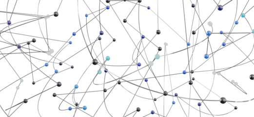 Complex network visualization with nodes and connections.  Ideal for technology, data, and connection concepts.