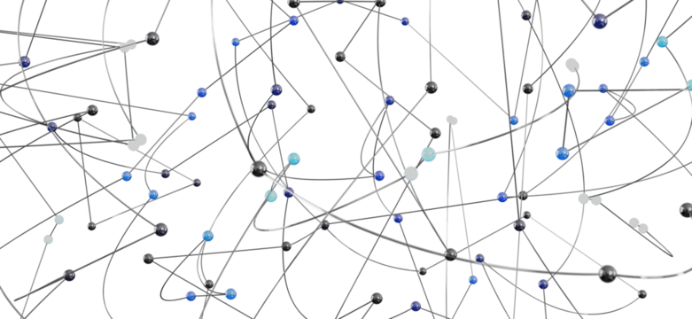 Complex network visualization with nodes and connections.  Ideal for technology, data, and connection concepts.