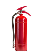 Obraz premium Bright red fire extinguisher standing on a white background, ideal for safety training use