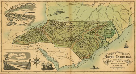 Fototapeta premium North Carolina Old Map with Mountains, Rivers and Towns