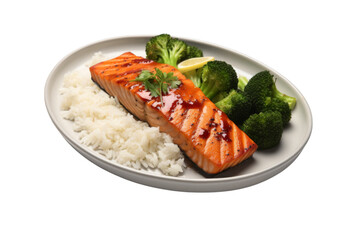 Glazed salmon fillet with rice and broccoli isolated on a white background