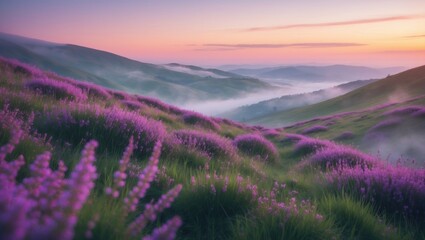 Fototapeta premium Beautiful Carpathian mountains at dawn with thyme fields on grassy hills.