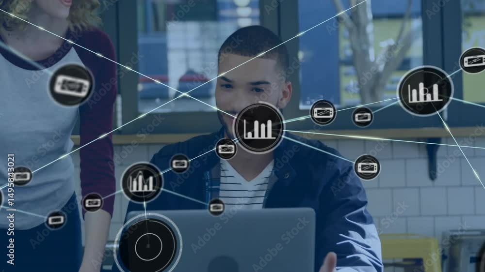 Poster node appearing above laptop screen causing chart icons forming web as colleagues collaborating tech