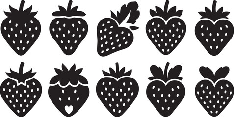 Ten Black and White Strawberry Icons Set