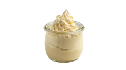 Creamy dessert in a glass jar, beautifully swirled, set against a neutral background