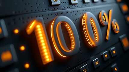 Illuminated 100 percent sign displayed on a dark textured surface photo