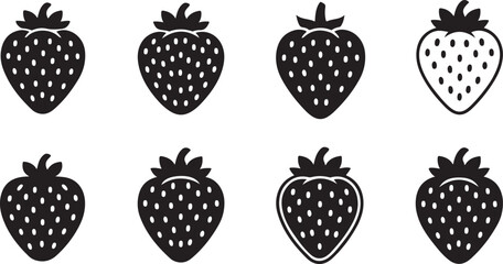 Eight Strawberry Icons Black and White Variations