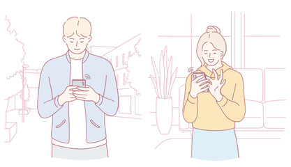 A vibrant scene depicting a man and a woman who are both actively using their smartphones in contemporary settings