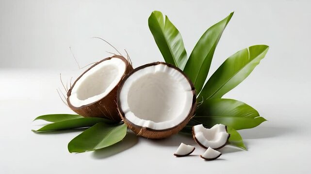 Coconut half with leaves.