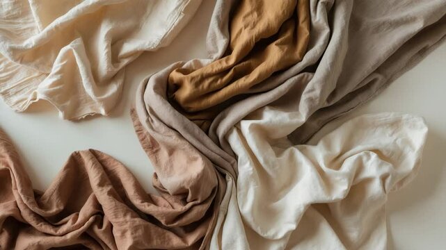Hand-dyed clothing in warm earthy tones set against a vibrant background - space for text - fashion concept