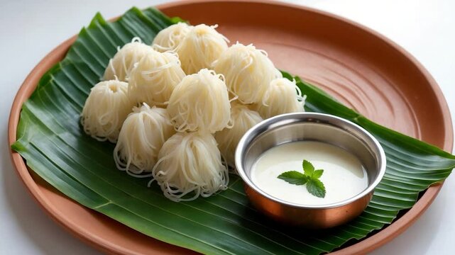Clay pot idiyappam or noolputtu with milk, set against a background