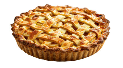 Golden-brown apple pie with a lattice crust on a white background, perfect for dessert