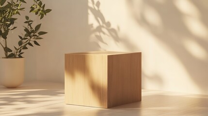 A simple wooden cube with shadows leaves on beige backdrop Ideal for product presentations or cosmetic displays with front view and copy space image