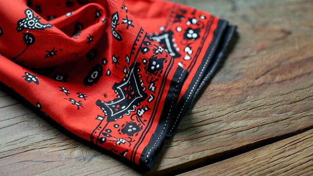 Red Western-Style Bandana on Wooden Table, Close-Up Detail