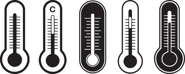 Set of Five Black and White Thermometer Icons