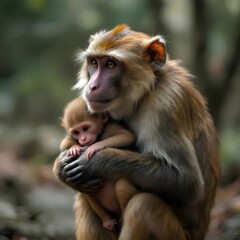 Obraz premium a monkey taking care of her baby