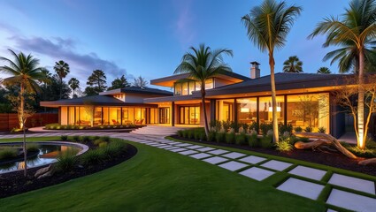 Luxury modern house with pool and landscaping design at dusk for real estate and architecture