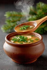 Ladle scoops steaming Romanian ciorba from rustic clay pot. Fresh dill sprigs enhance the soup's aroma. Culinary setting perfect for restaurants, catering, and food blogs
