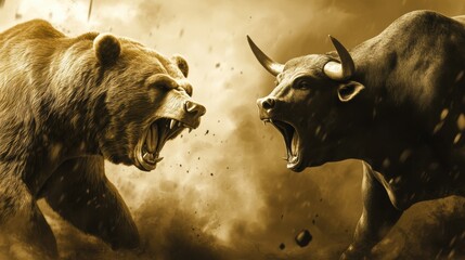 The bull and the bear. The concept of buying and selling, the falling and growing stock market and the crypto market.