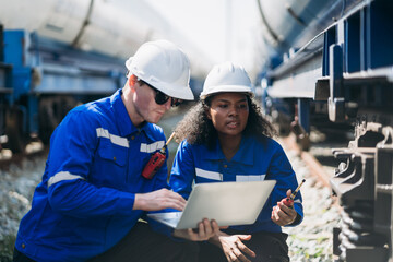 Engineer conducting outdoor railway inspection for natural gas transport and industrial freight...