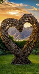 Fototapeta premium A monumental sculpture that holds two intertwined hearts made of intricately woven vines, located in a tranquil outdoor garden surrounded by vibrant greenery and majestic mountains,