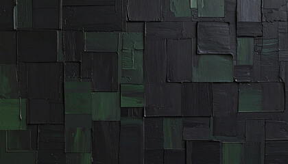 Acrylic painting in dark green black, rectangular shapes, bold strokes with spatula, modern abstract