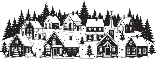 Charming Black and White Winter Village Scene