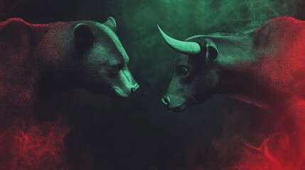 The bull and the bear. The concept of buying and selling, the falling and growing stock market and the crypto market.