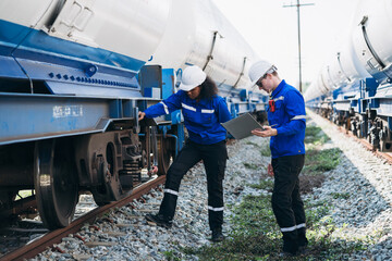 Engineer conducting outdoor railway inspection for natural gas transport and industrial freight...
