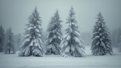 Obraz premium Snow-laden cedar trees enveloped in winter. Severe weather, high levels of precipitation. Colorless natural scenery.
