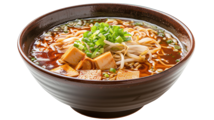 A steaming bowl of ramen with tofu and green onions, set against a blurred background