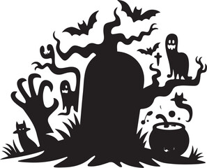 Spooky Halloween Silhouette Illustration with Graveyard and Ghosts