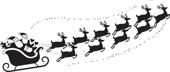 Santa Claus in Sleigh with Reindeer Flying Through Night Sky